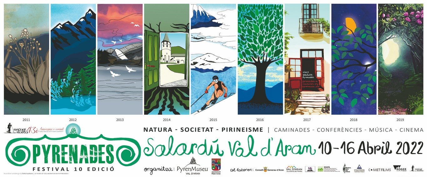Les il·lustracions dels programes de Pyrenades 2011–2019, reunides al cartell de la X edició